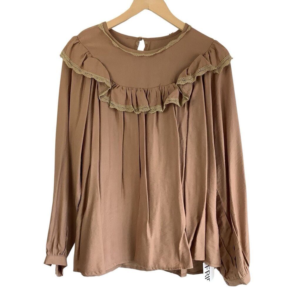 Long Sleeve Tunic Top Women XL Tan Lace Boho Chic Bohemian Peasant Fall Festival